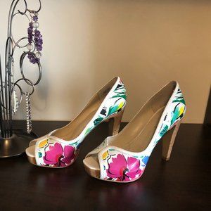 Nine West Patent leather floral pumps with cork heel